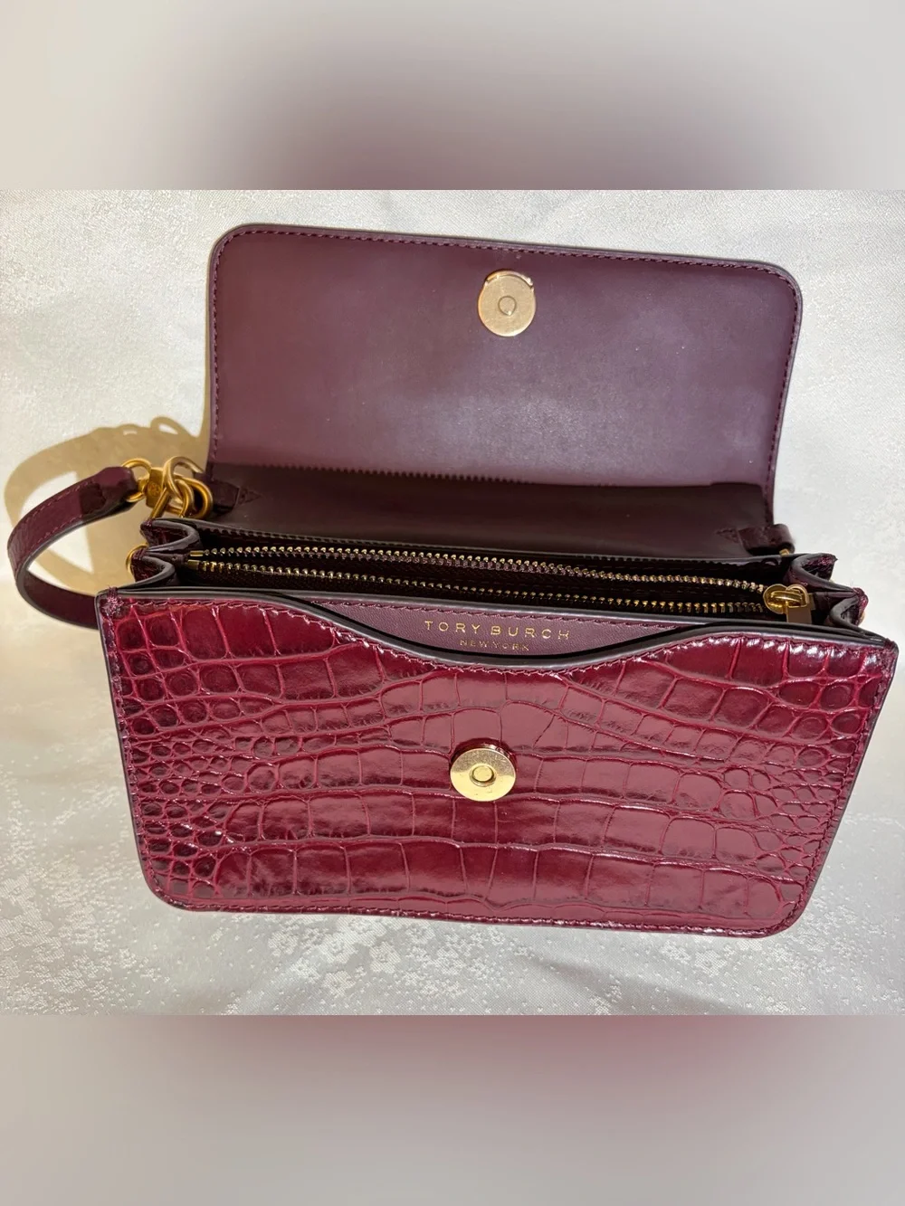 Tory Burch Wine Croc-Embossed Chain Crossbody